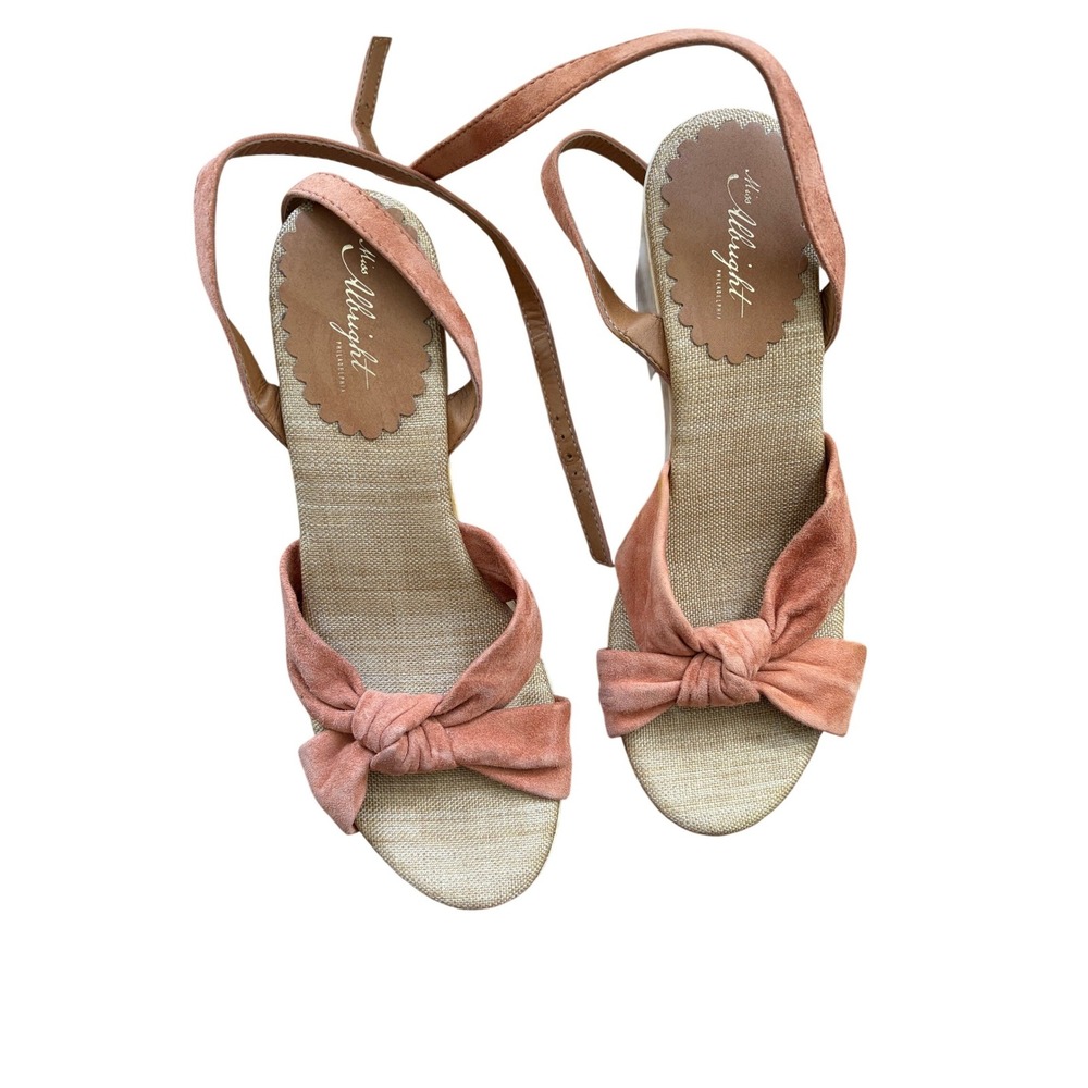 Miss Albright Suede Bow Platform Sandals Peach Pink Ankle Wrap Block Heel Size 8